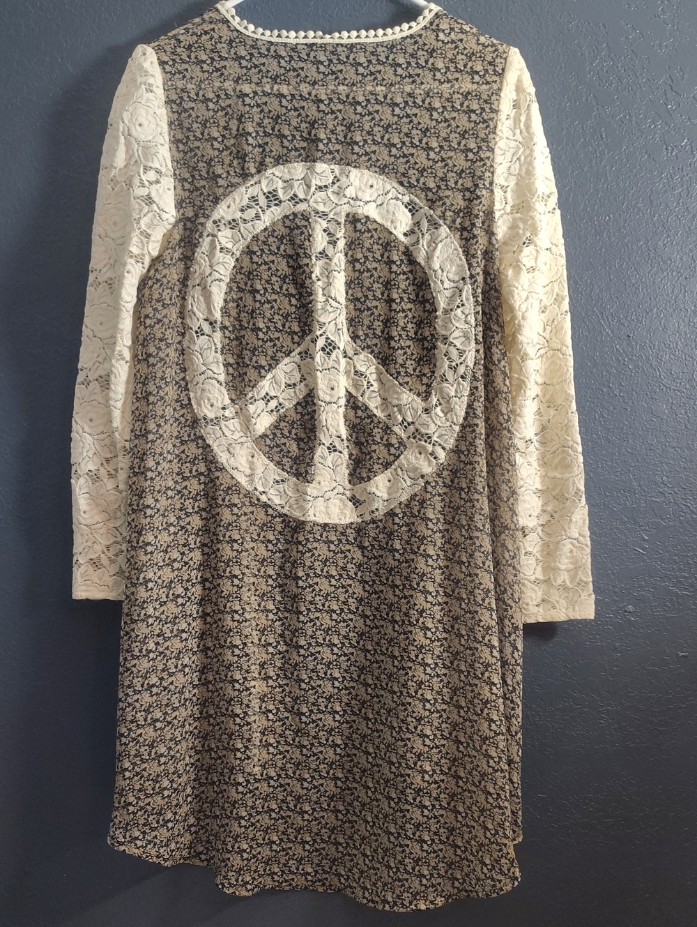 Lace Open Hippie 70s Cardigan Light Weight Peace Sign Long Sleeves Sheer